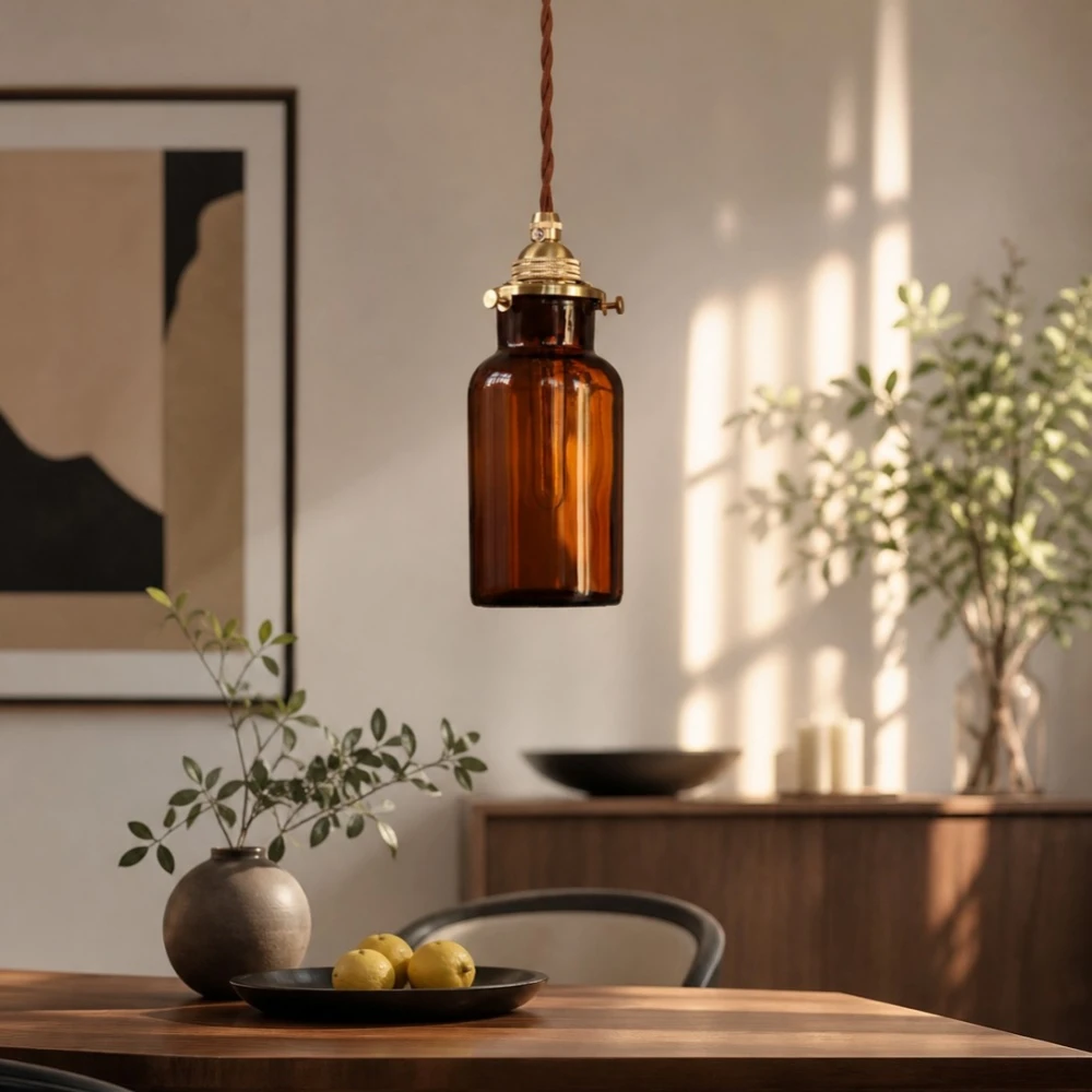 Amber brown glass pendant lamp room scene