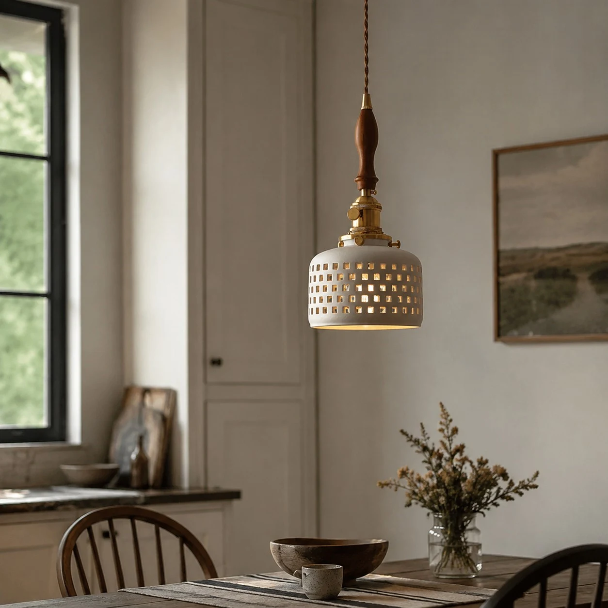 Wood accent grid ceramic pendant light in a dining area