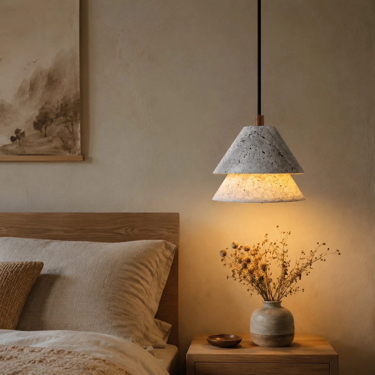 Grey Stone Pendant Light with Paper Diffuser