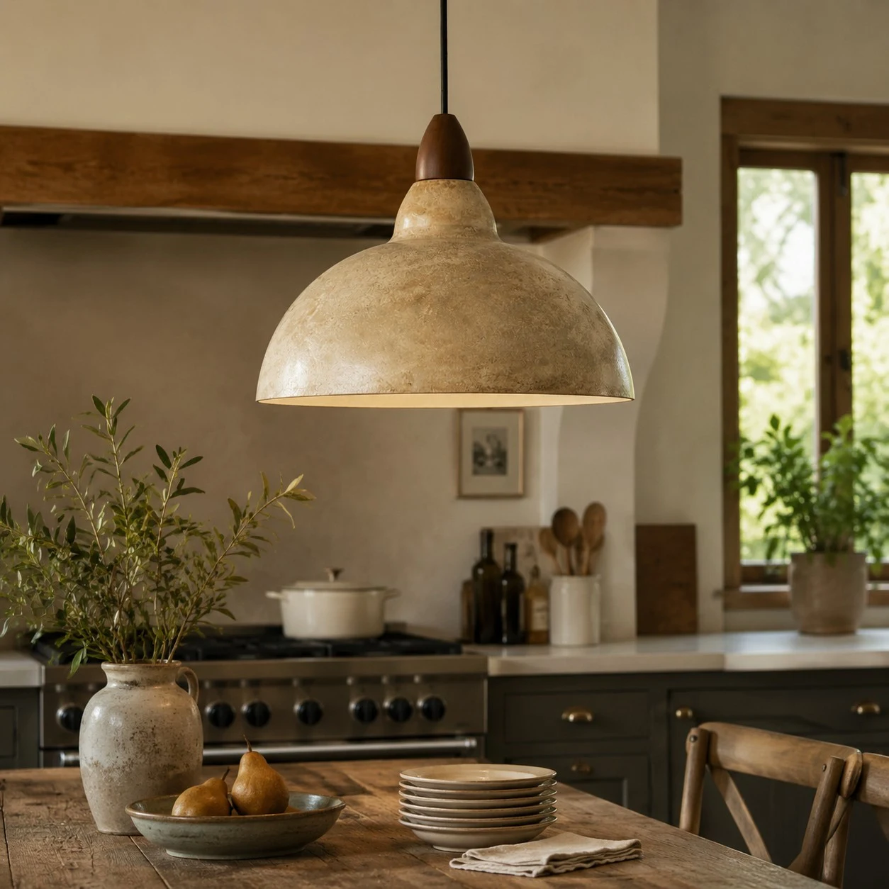 distressed silver pendant light over a rustic kitchen counter