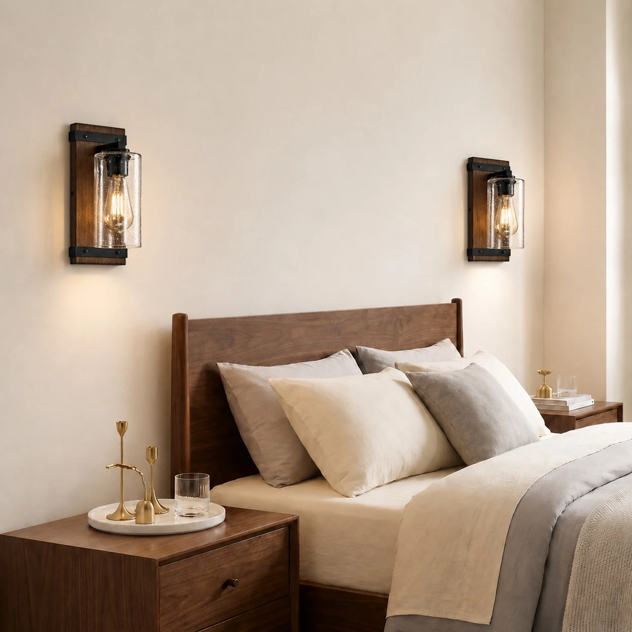 Wall sconce installed beside a bedroom nightstand