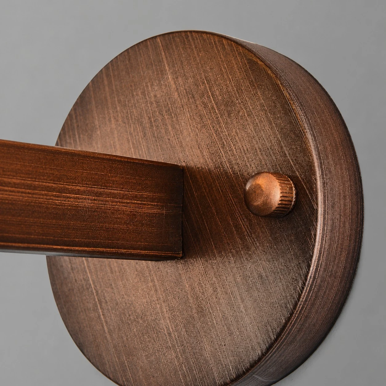 Close-up of aged bronze round backplate and wall arm