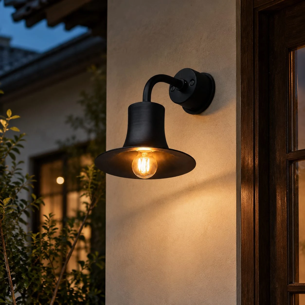 Black wall sconce lighting an exterior wall beside a window