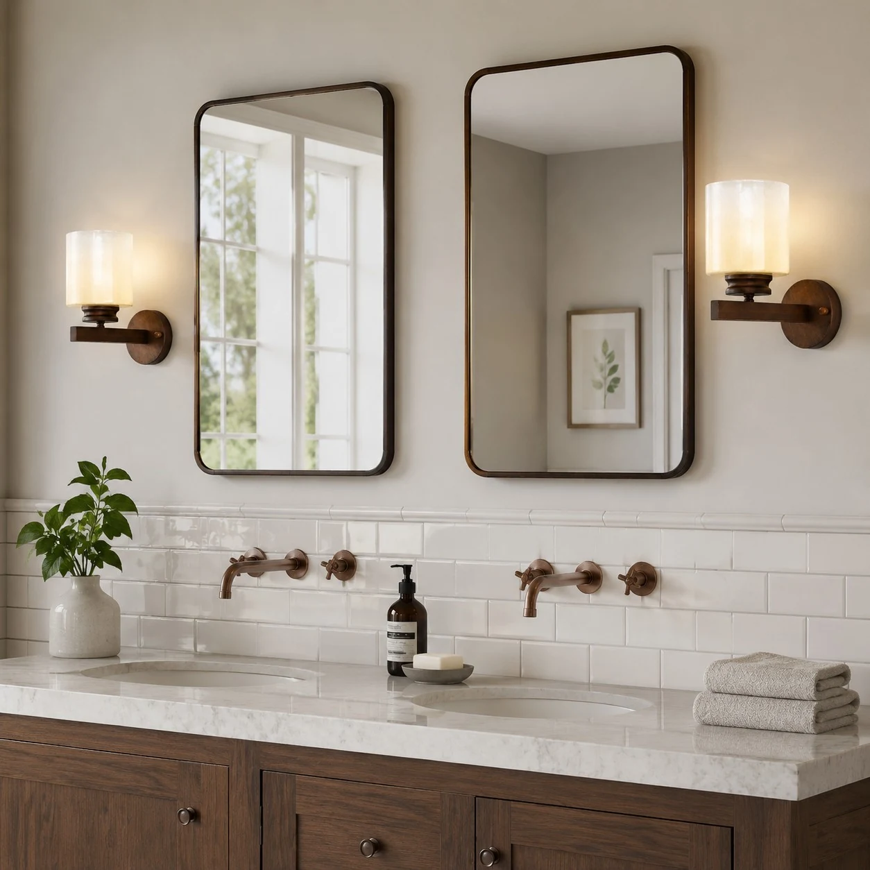 Pair of aged bronze sconces above a double bathroom vanity