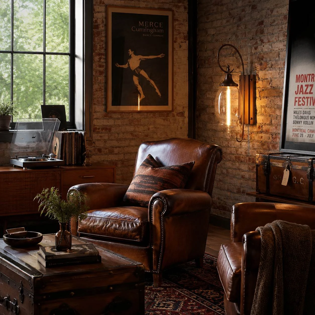 Industrial lounge installation on a brick wall