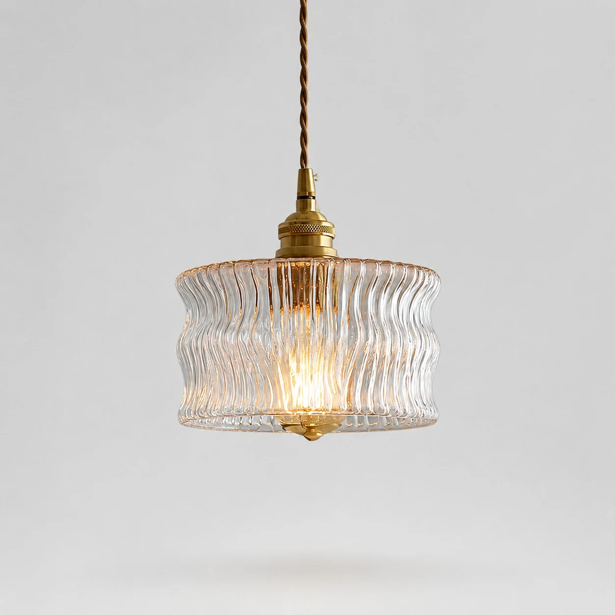 Vintage Ripple Glass Pendant Light With Warm Brass Accent