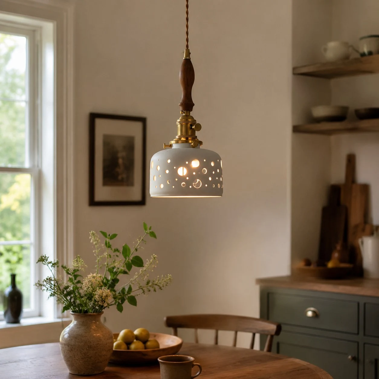 Wood accent dot ceramic pendant light in a kitchen scene