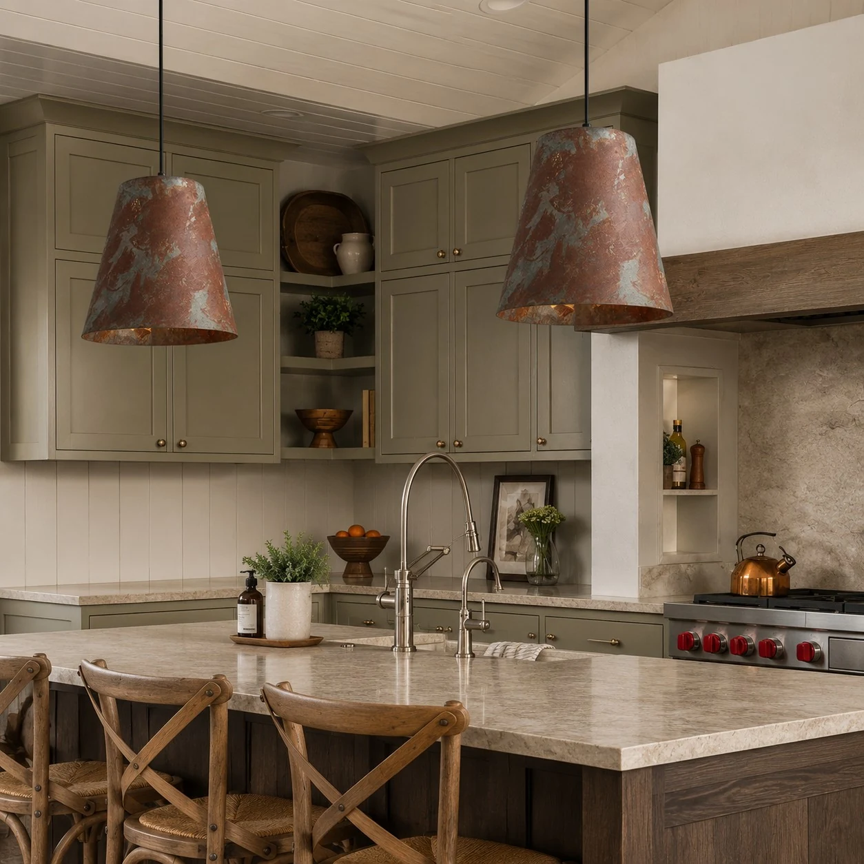 Vintage patina pendant lamps in a warm dining kitchen space