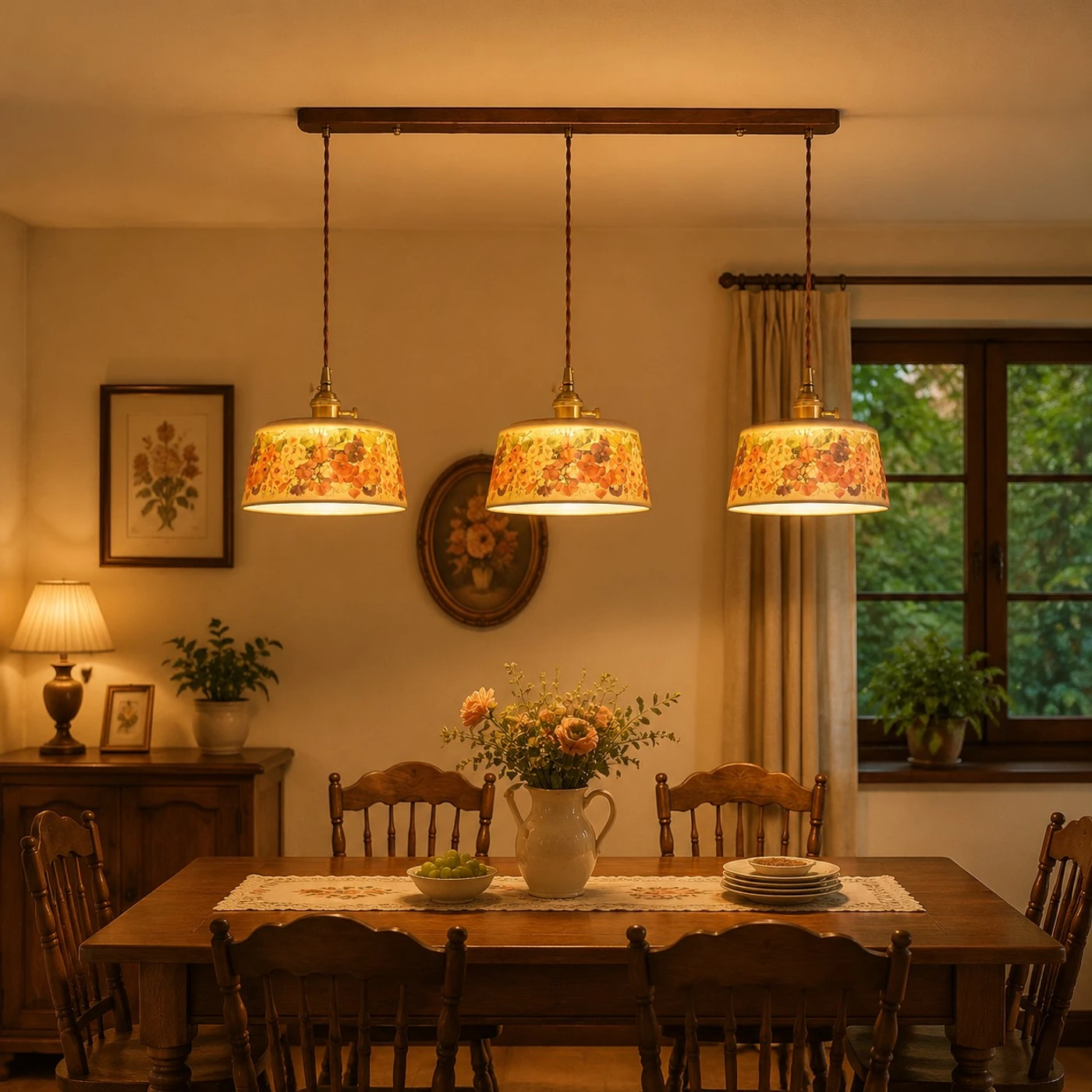 Vintage floral ceramic pendant light detail and room view