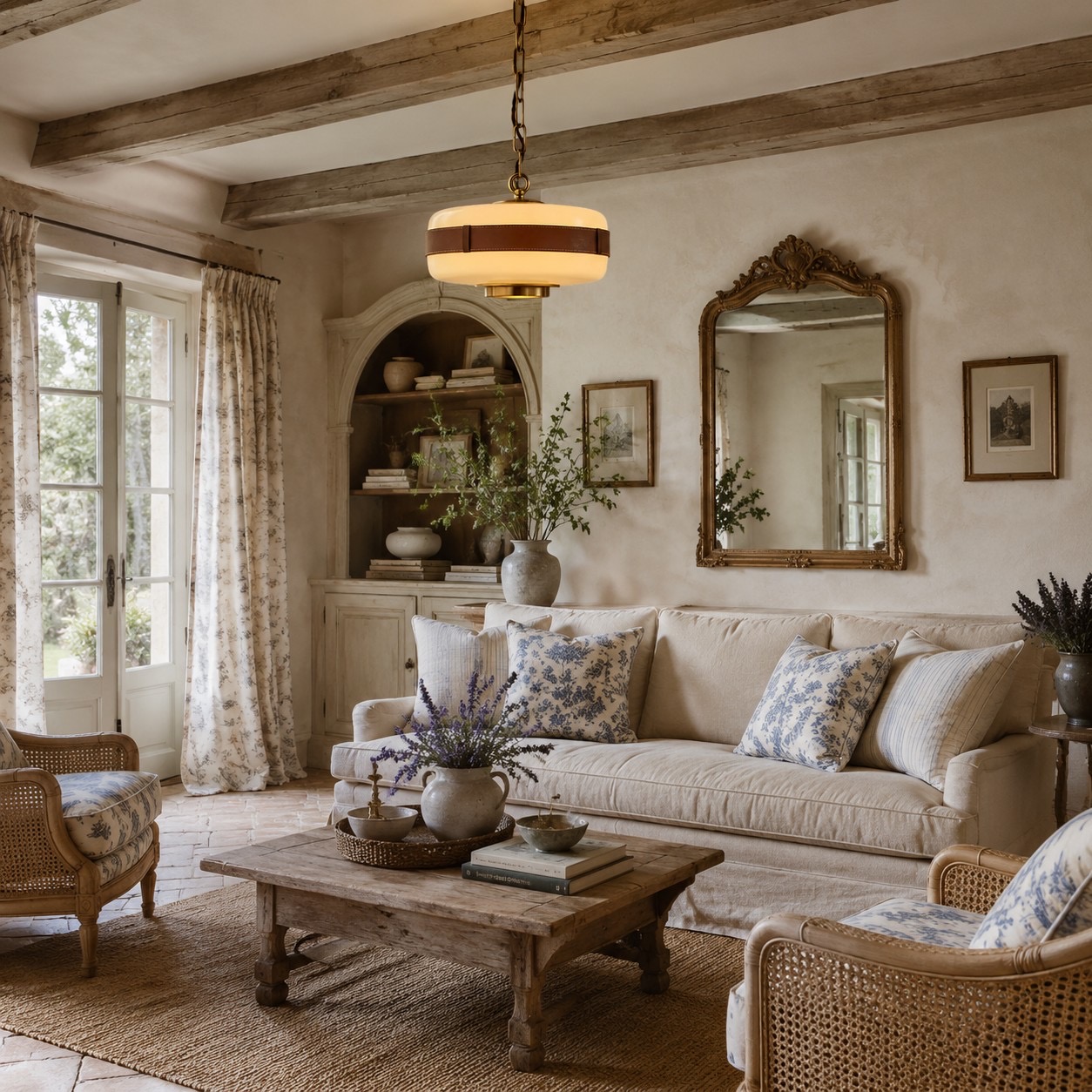 Vintage milk glass pendant light in a warm living room