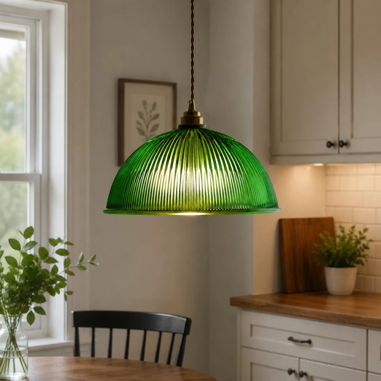 Emerald green ribbed glass pendant installed above a kitchen counter