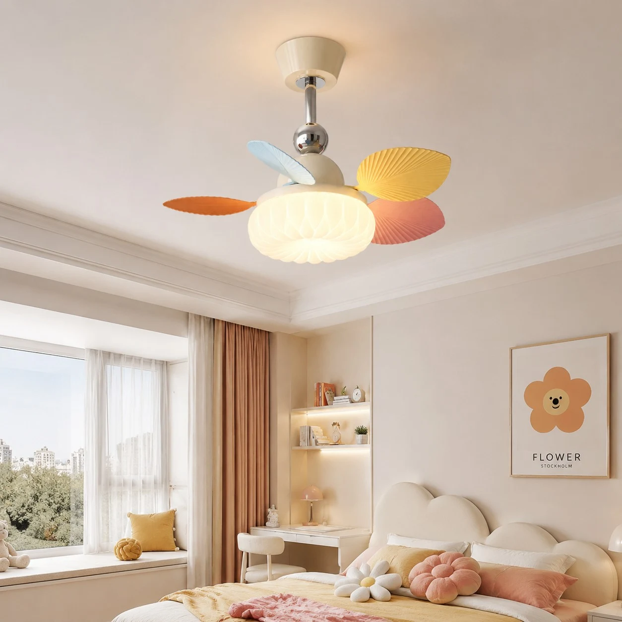 Colorful ceiling fan lamp in a bright bedroom