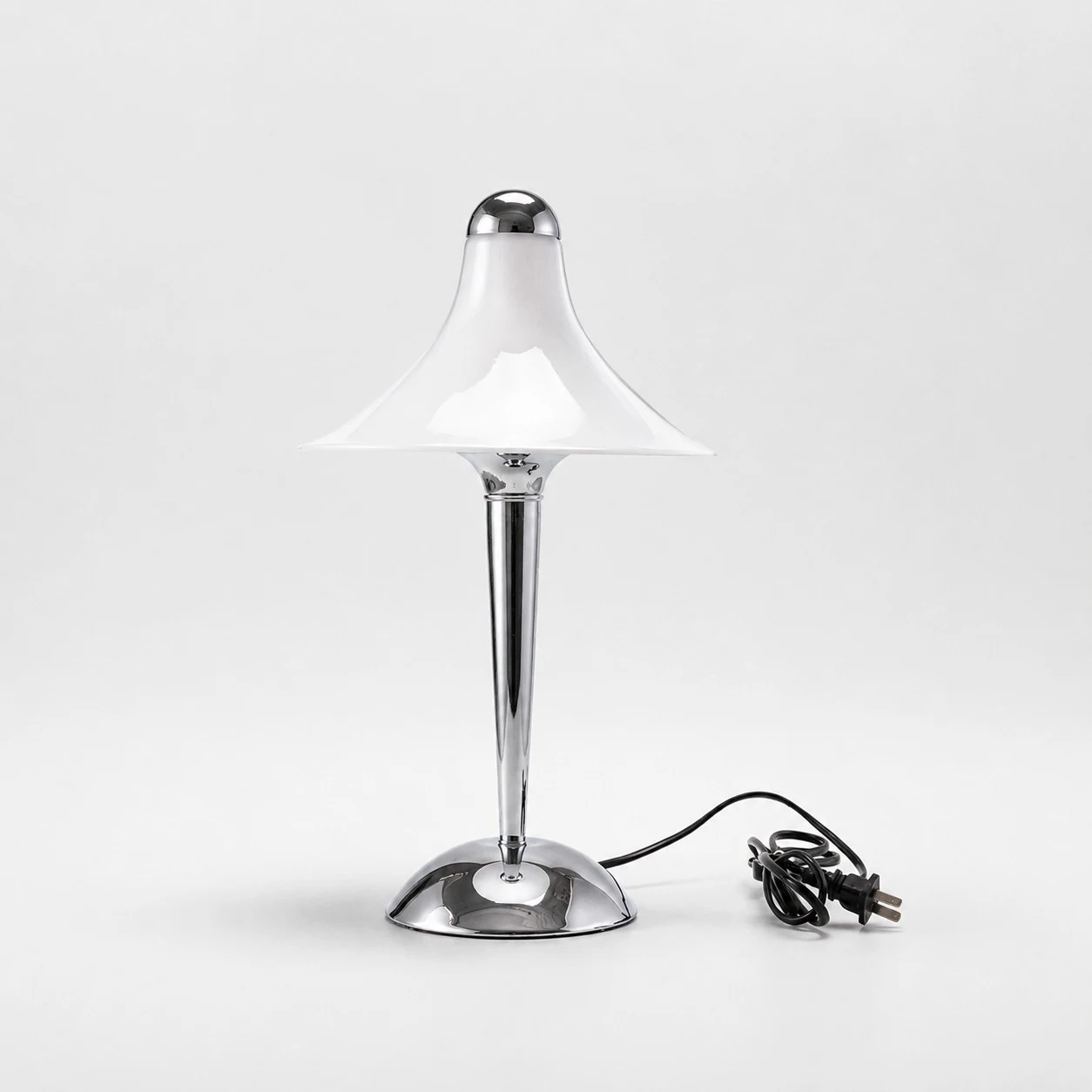 Flared white shade and chrome stem detail