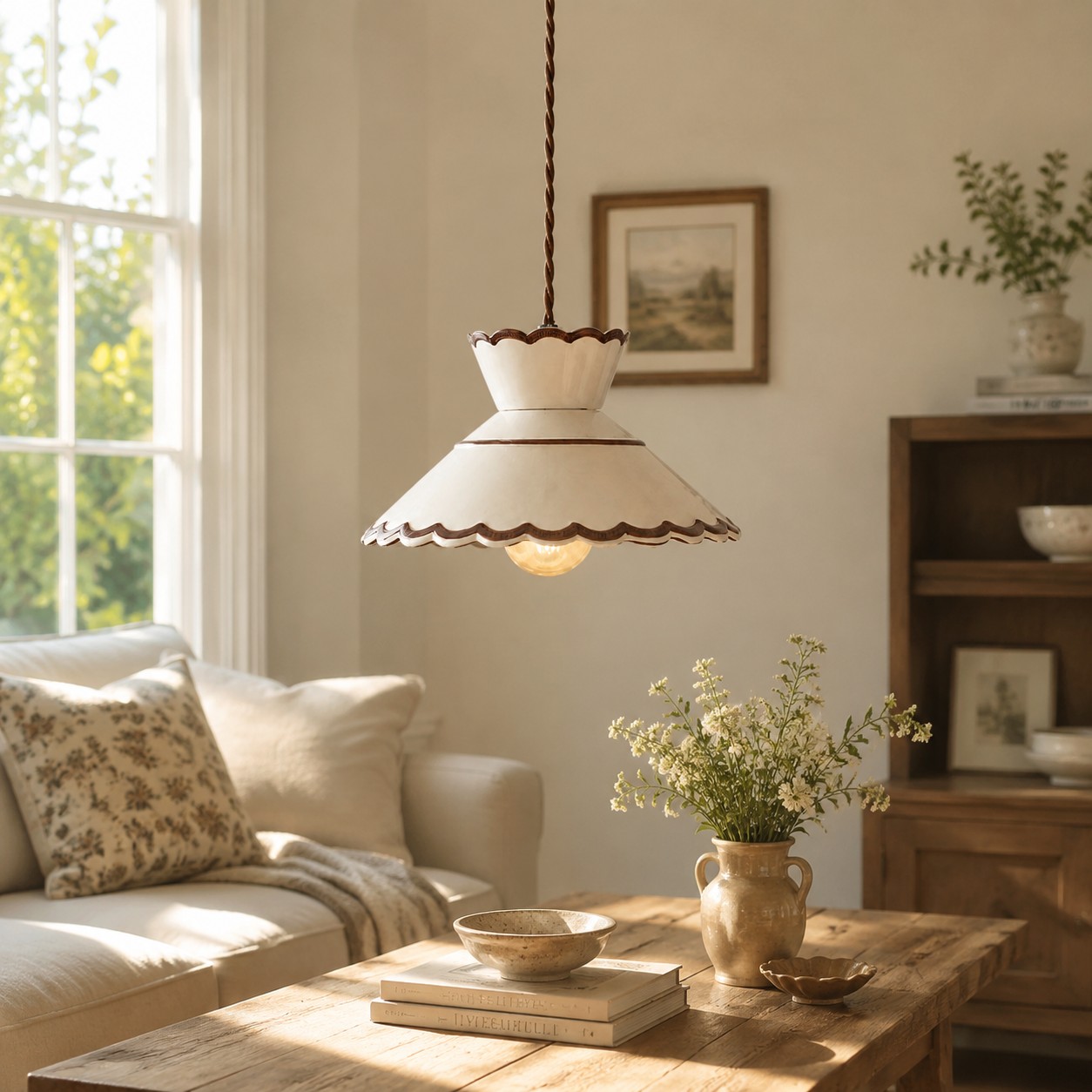 French Vintage Scalloped Ceramic Pendant Light 10