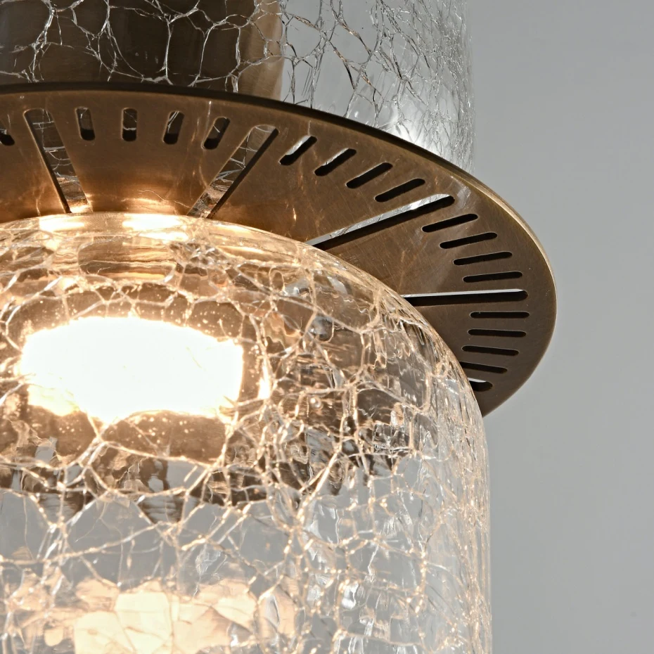 Clear crackle glass pendant shade with brass vented top