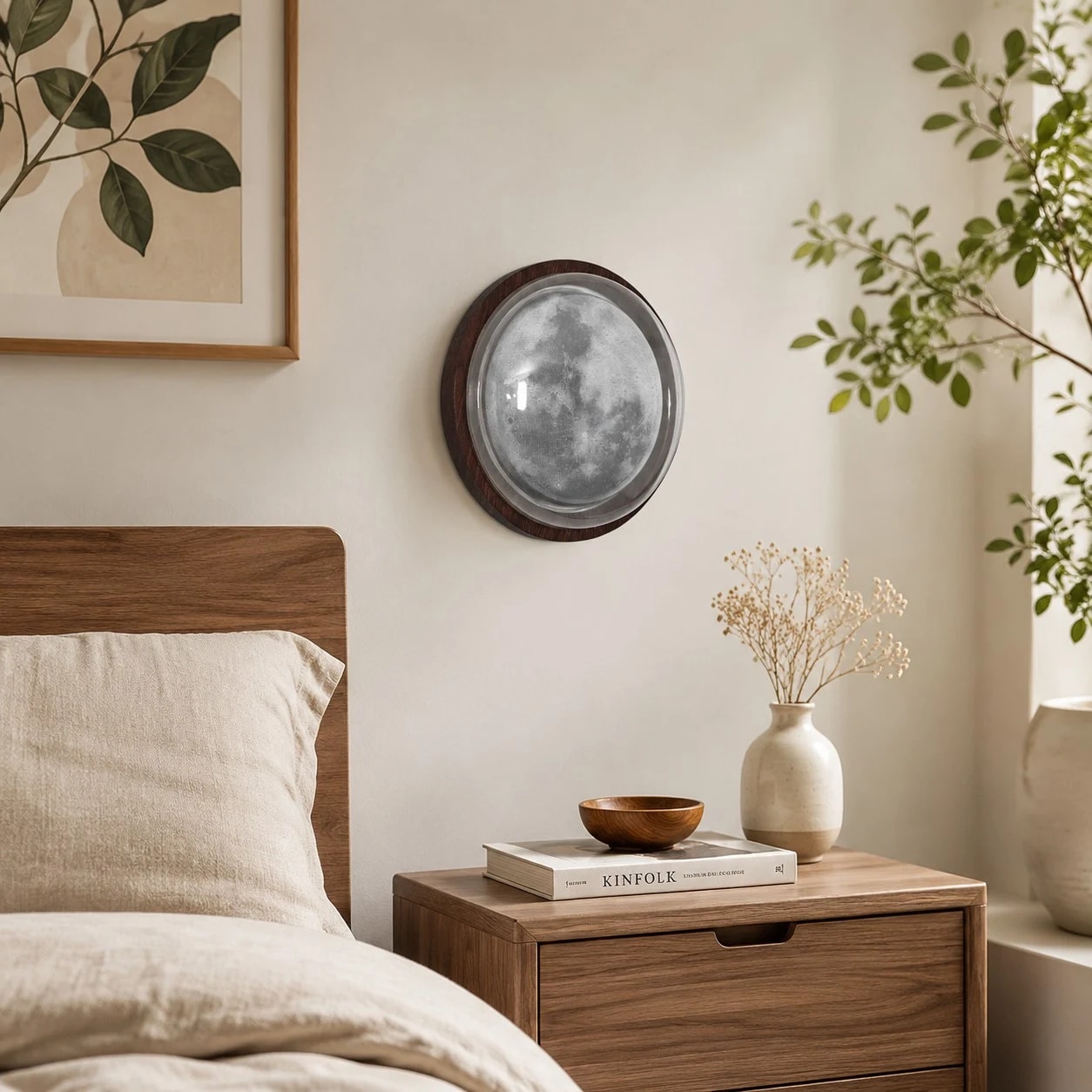 walnut moon wall light scene and detail