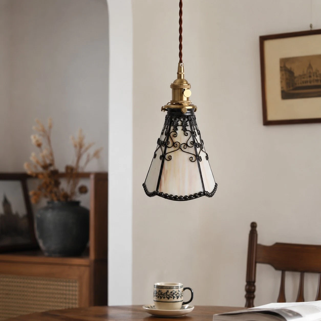 light yellow pendant dining scene