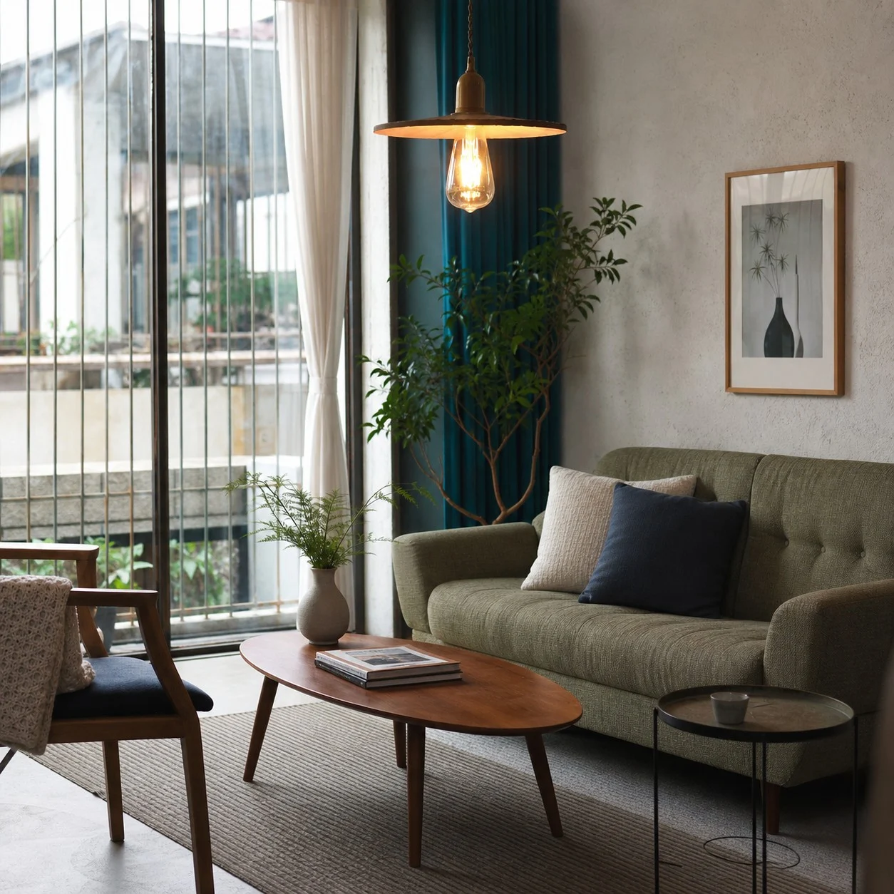 Warm wood pendant light in a living room seating area