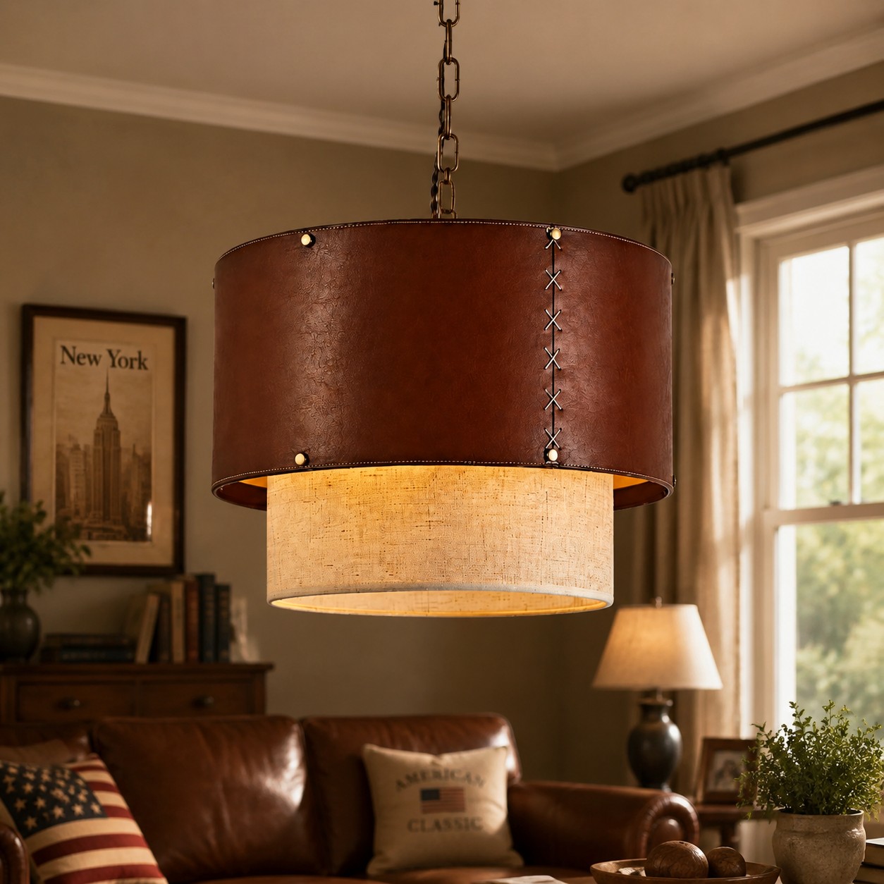 Brown leather drum pendant light in a warm living room setting