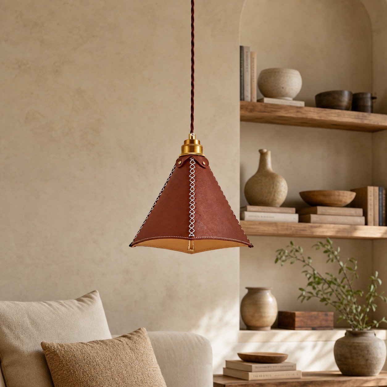 Leather pendant light beside layered shelving in a cozy room