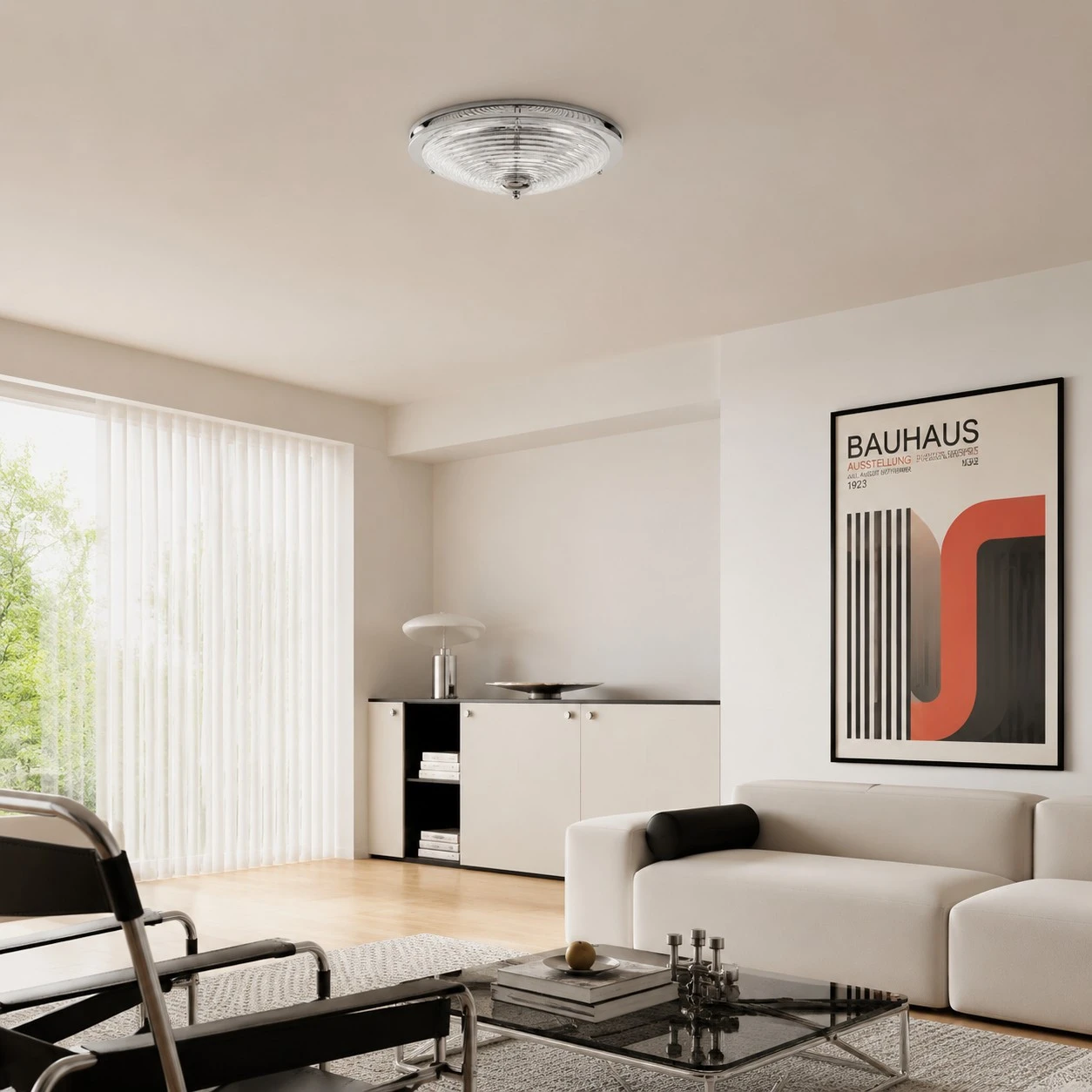 Rippled glass ceiling light installed in a Bauhaus-inspired living room