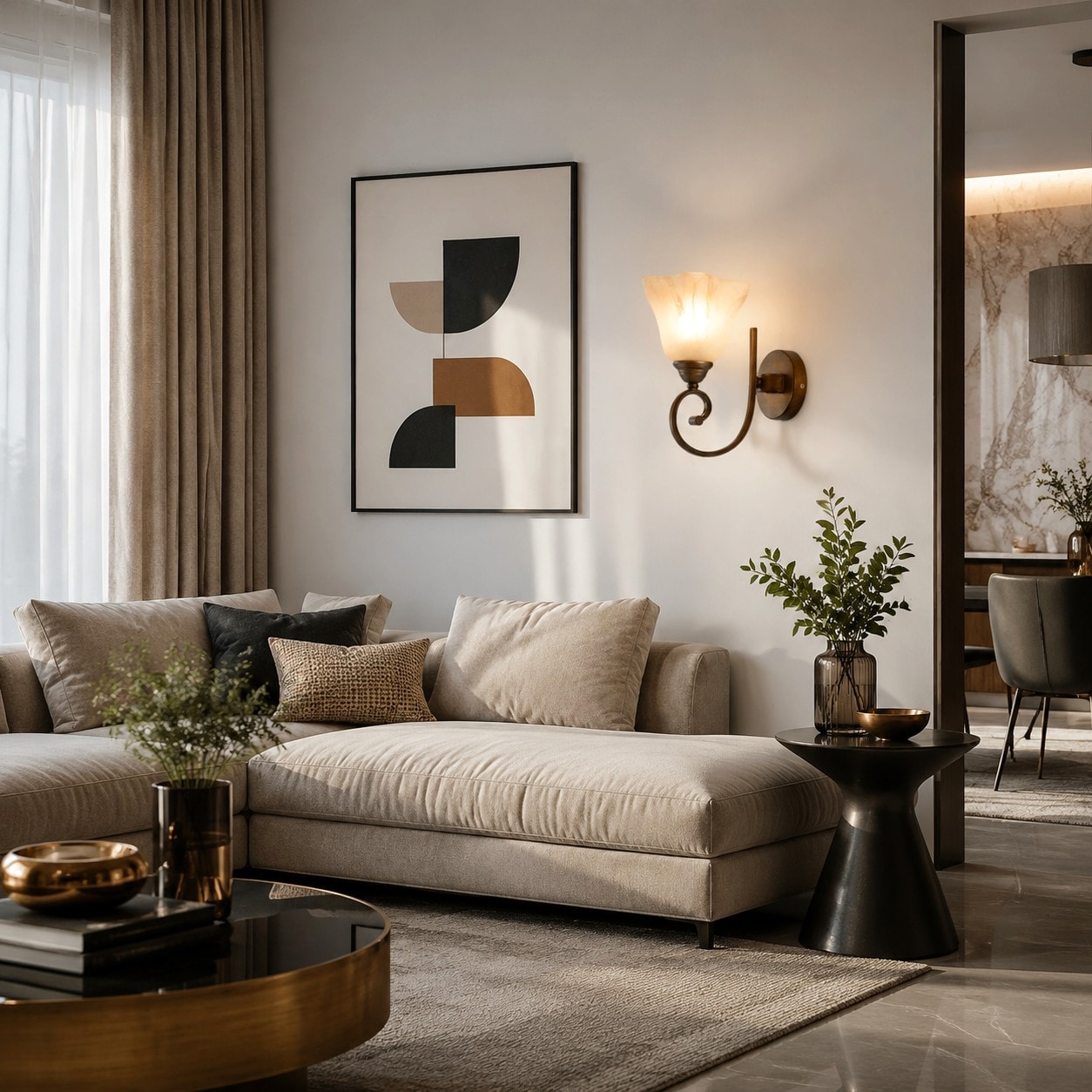 Vintage wall sconce in a modern sofa area