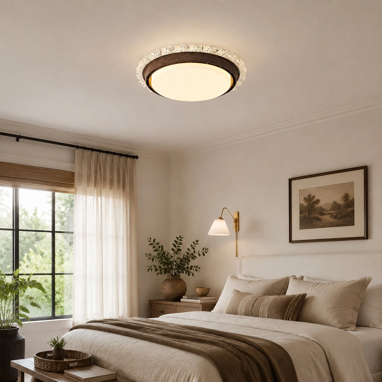 Low profile ceiling fan light in a bright bedroom
