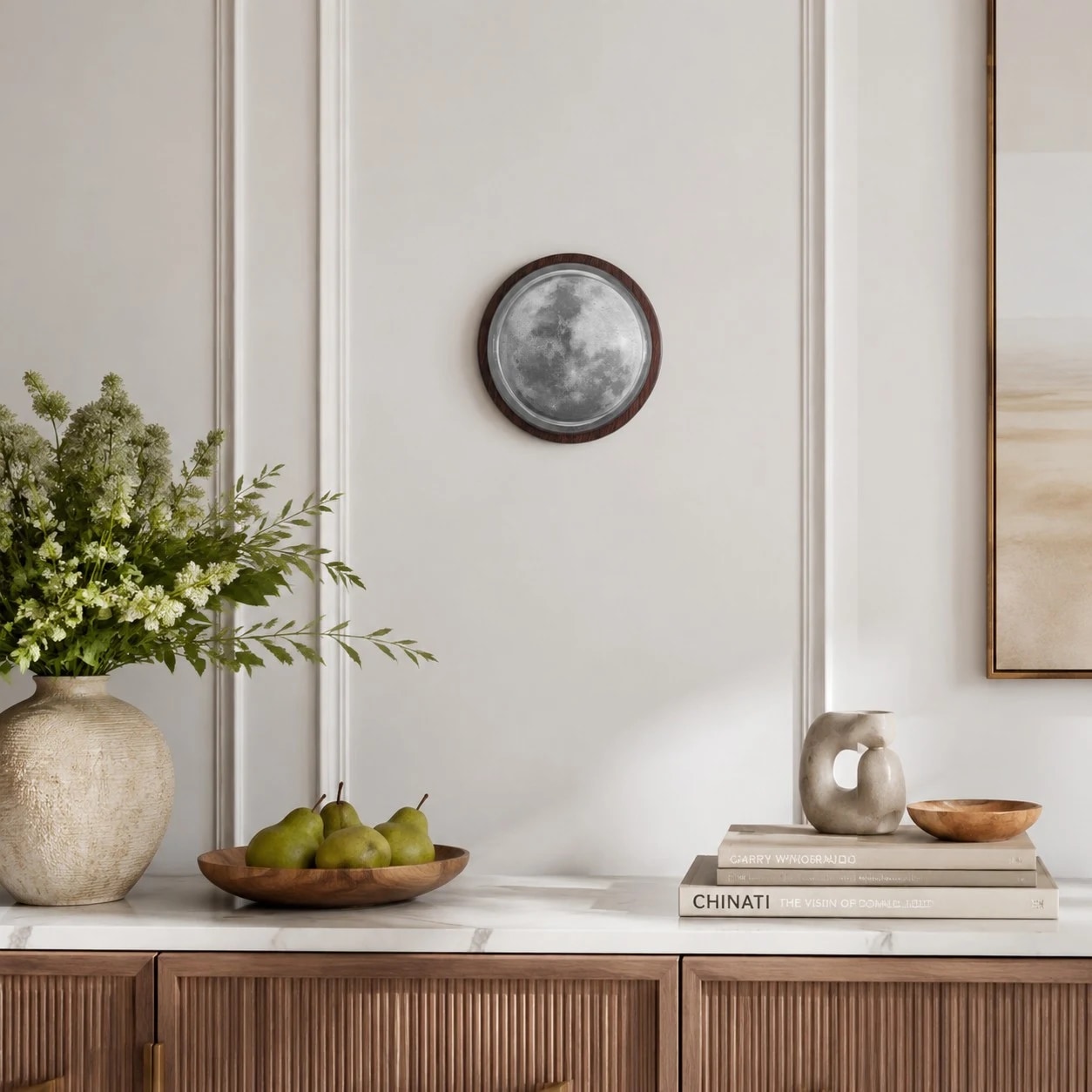 walnut moon wall light scene and detail