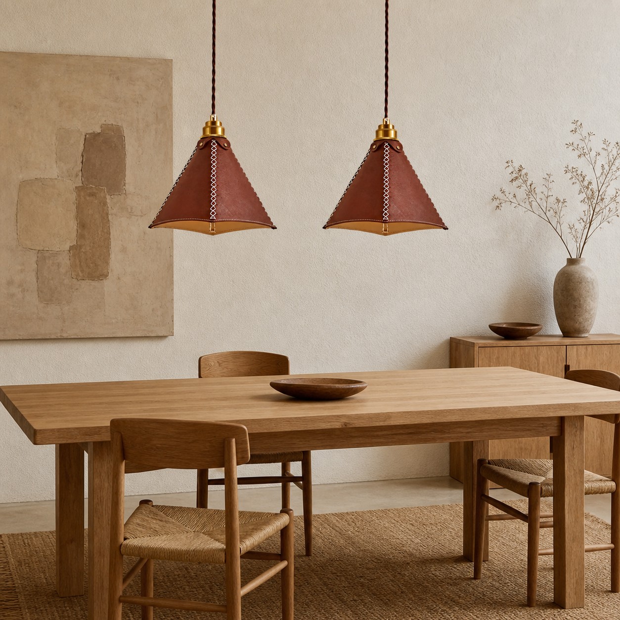 Pair of leather pendant lights above a dining table