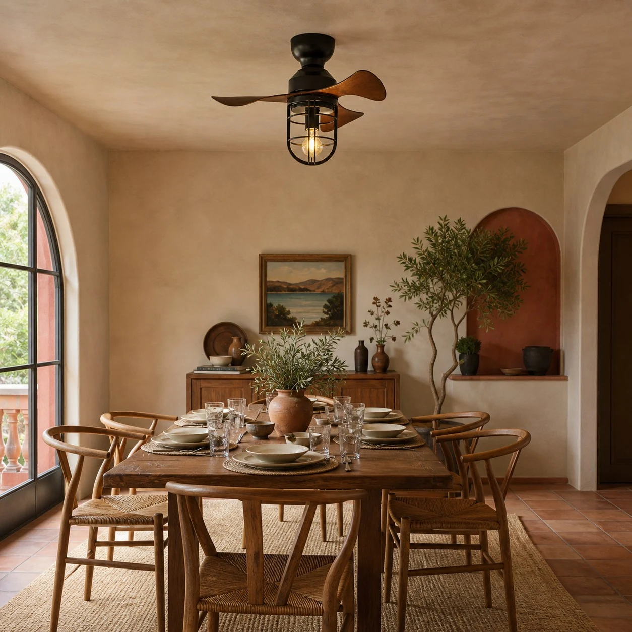 small ceiling fan light above a dining area