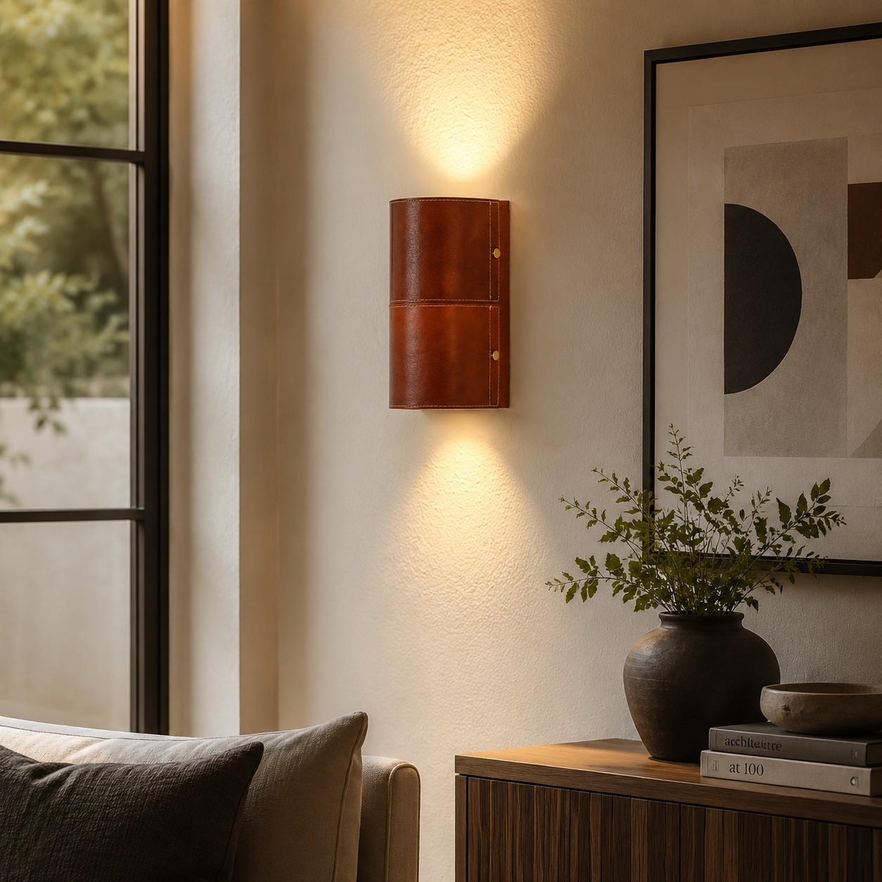 Brown leather wall sconce installed beside a sofa and window