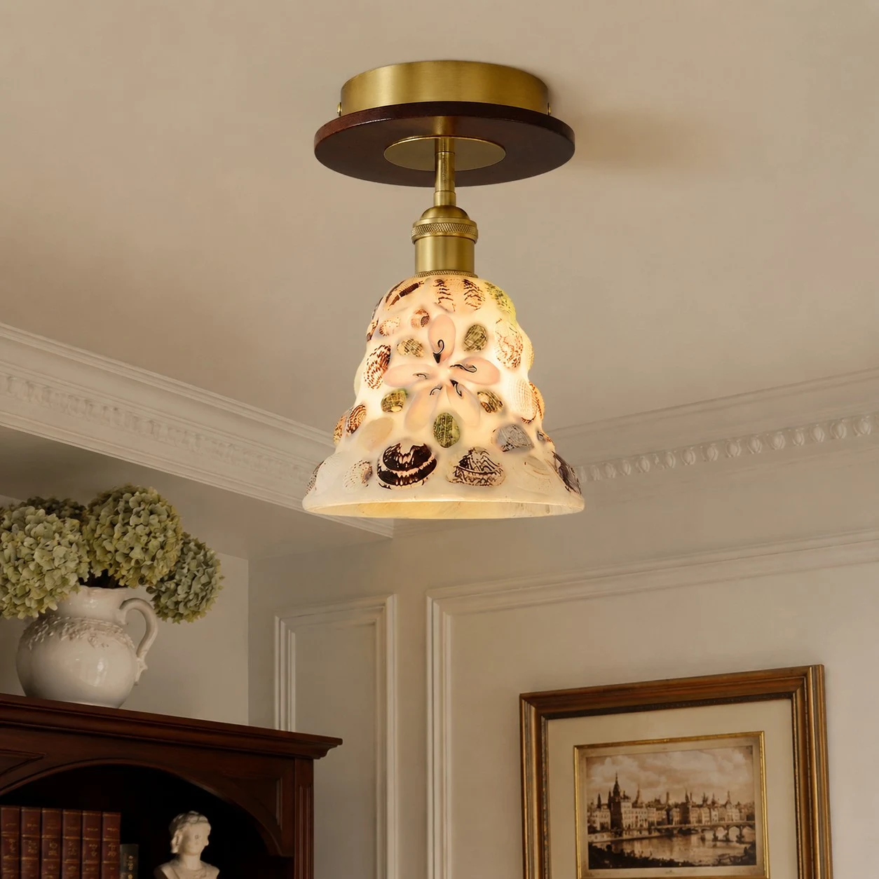 Shell glass ceiling light in a warm hallway scene