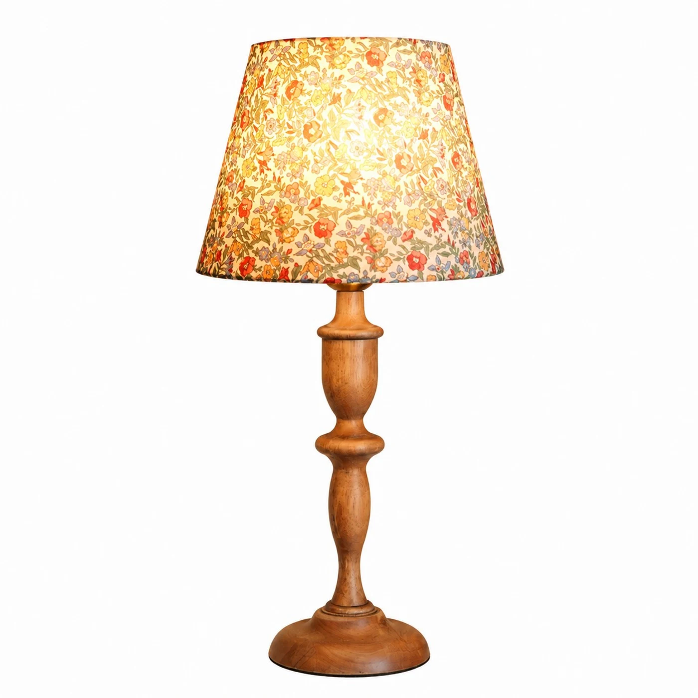 Lit floral shade full lamp view