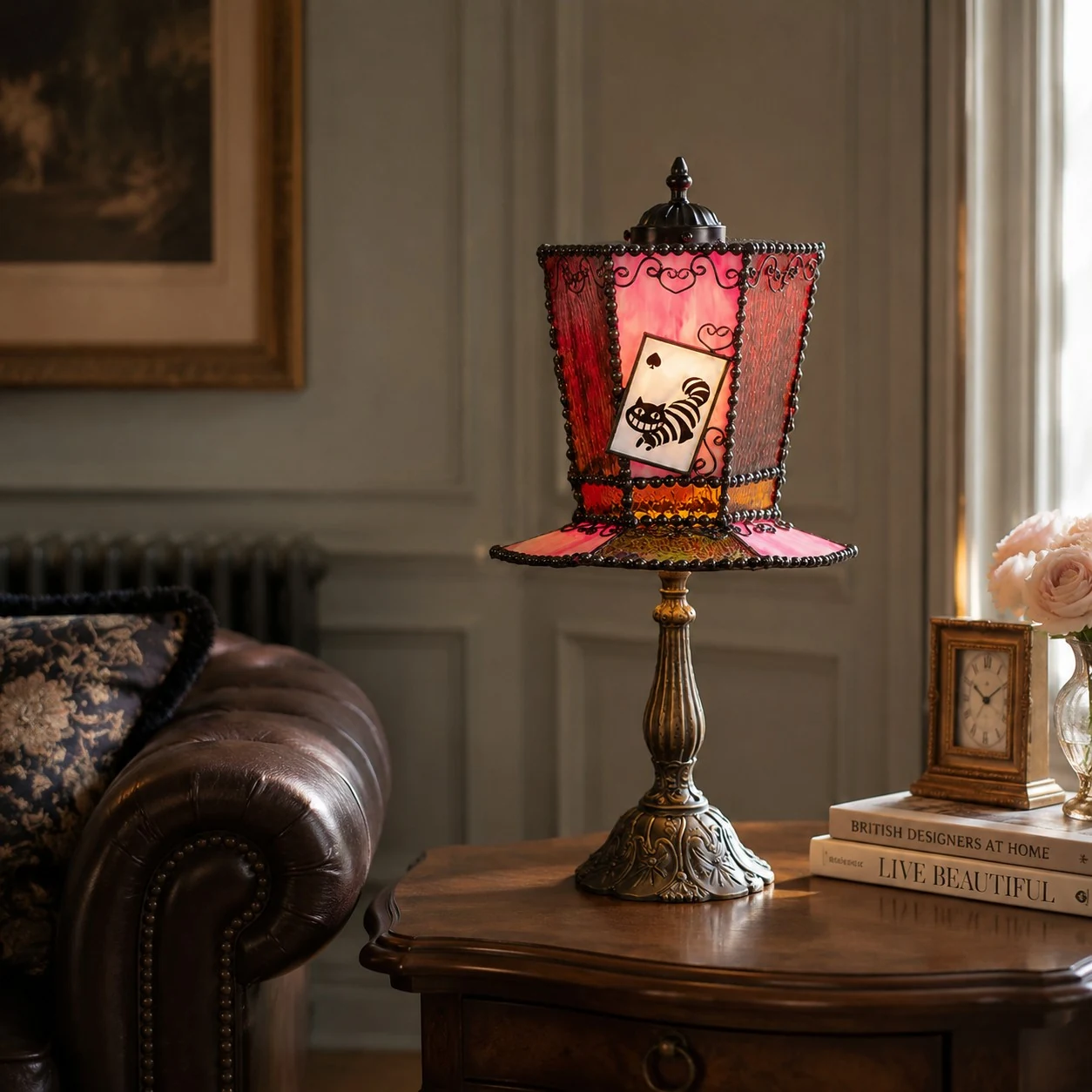 Rose purple table lamp on bedside table scene