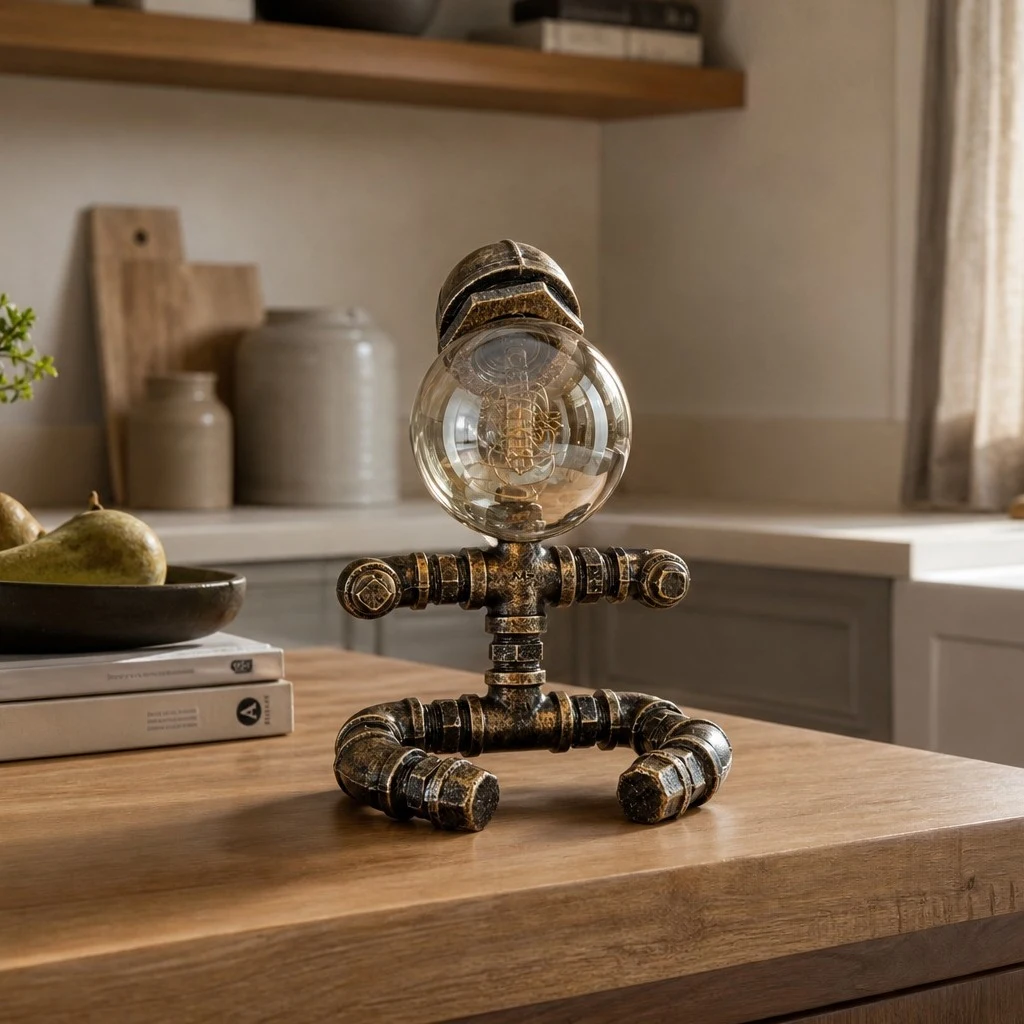 Industrial globe pipe lamp near a window