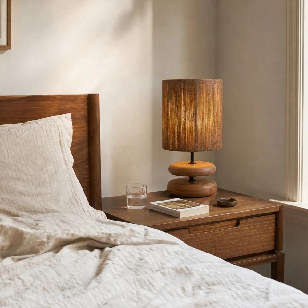 Natural wabi sabi table lamp on a bedroom nightstand