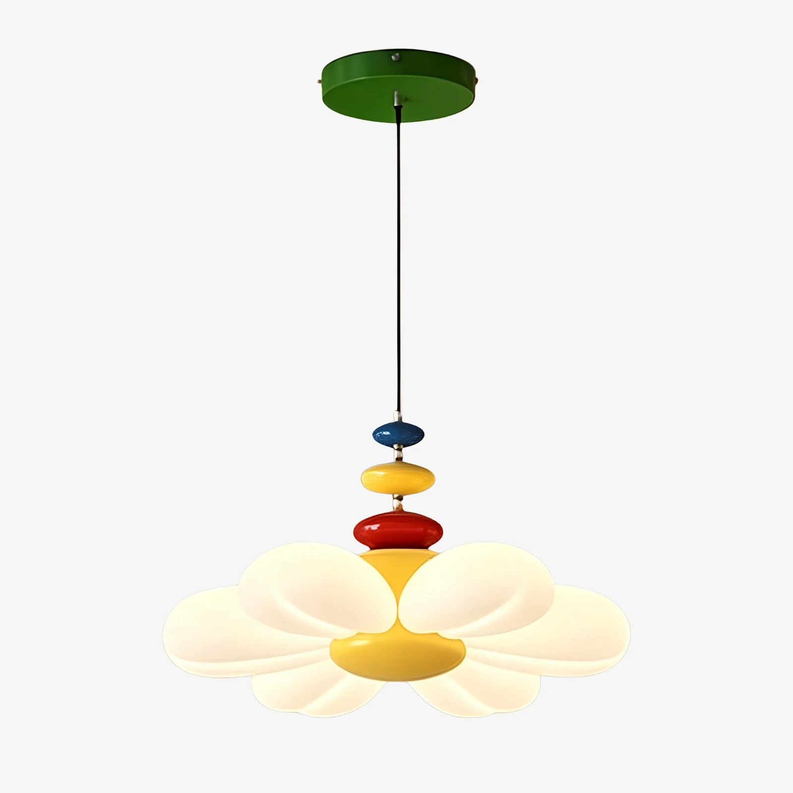 Colorful flower pendant lamp with green canopy and slim cord