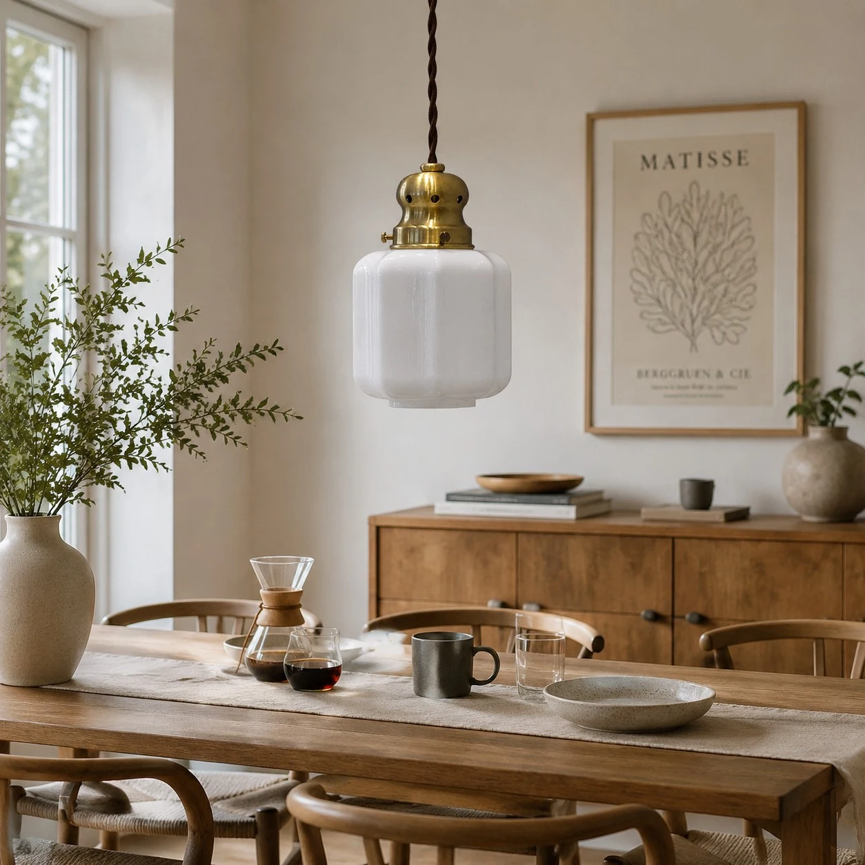 Vintage brass glass pendant lamp above a warm dining table