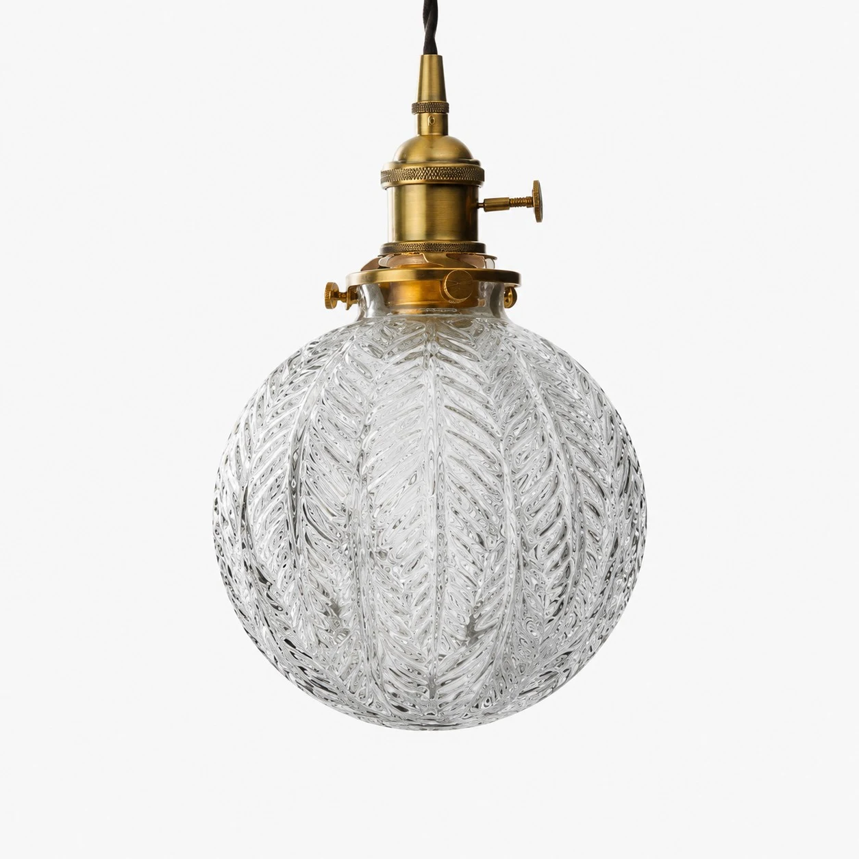 Style B brass pendant light with ribbed round clear glass shade