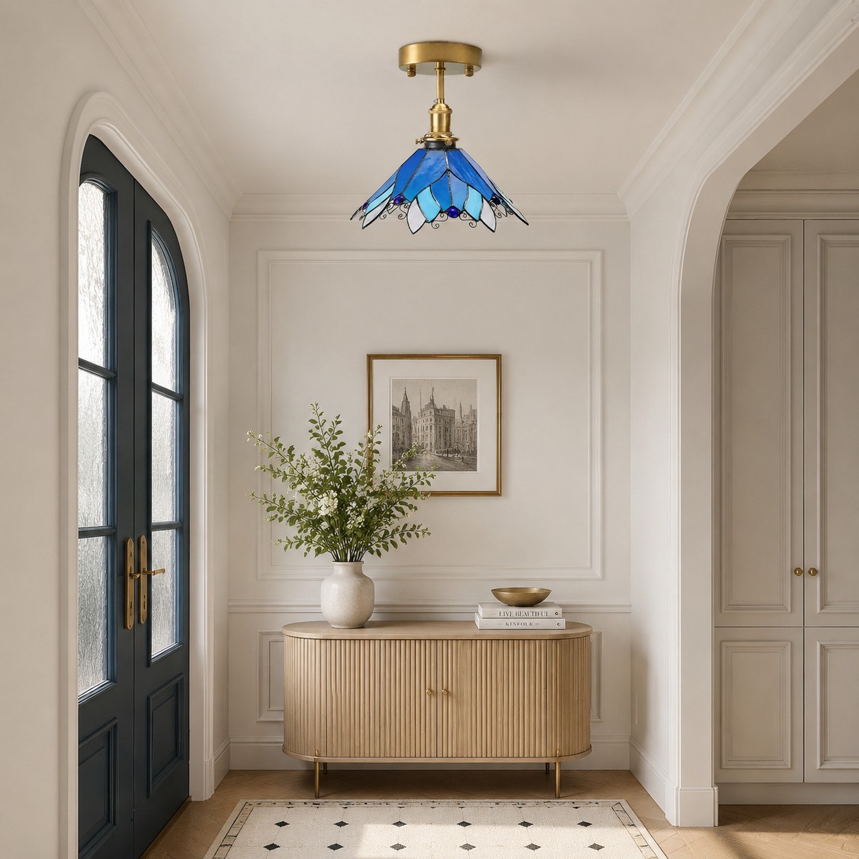 Blue Stained Glass Semi Flush Ceiling Light