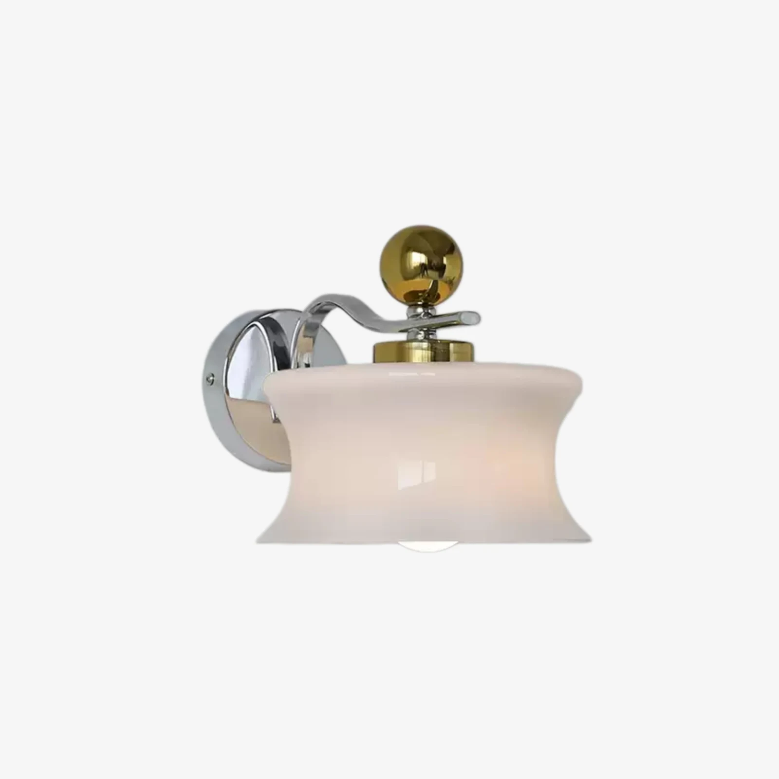 White glass wall lamp with chrome arm and brass accent