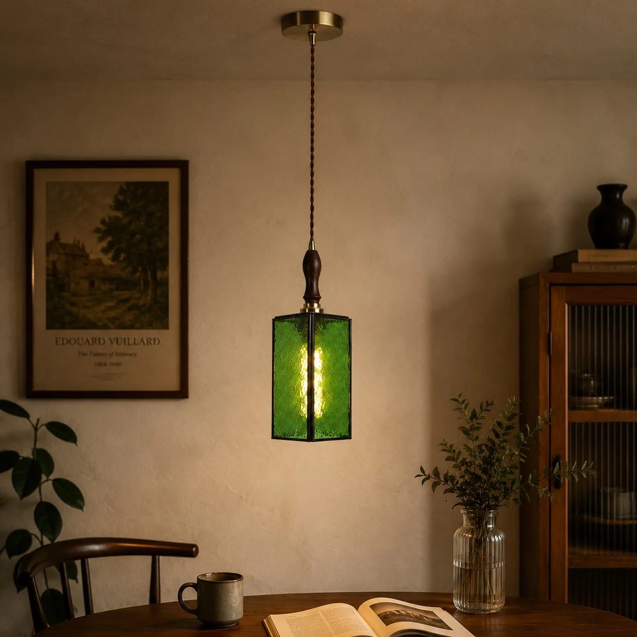 Green glass pendant installed in a warm interior