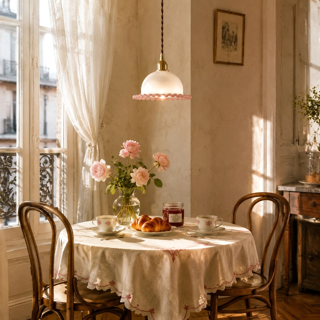 small ruffled glass pendant light over a round dining table