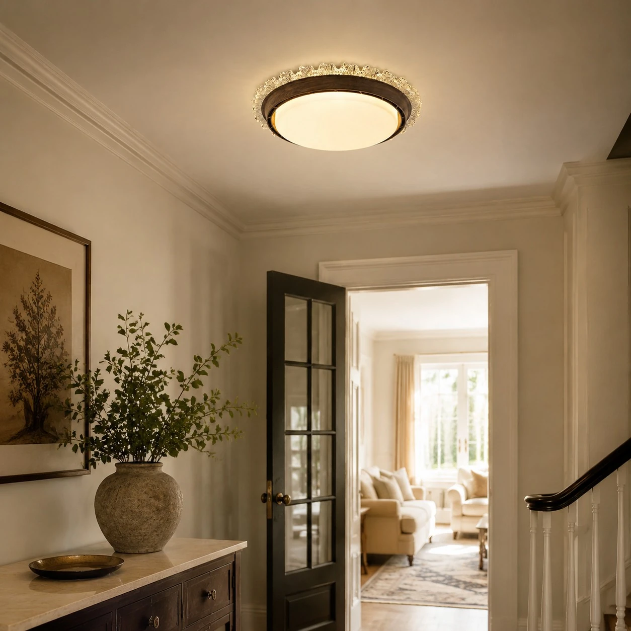 Flush mount ceiling fan light installed in a hallway