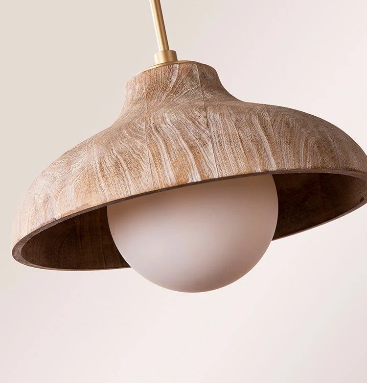 Close view of the wood shade and glass globe