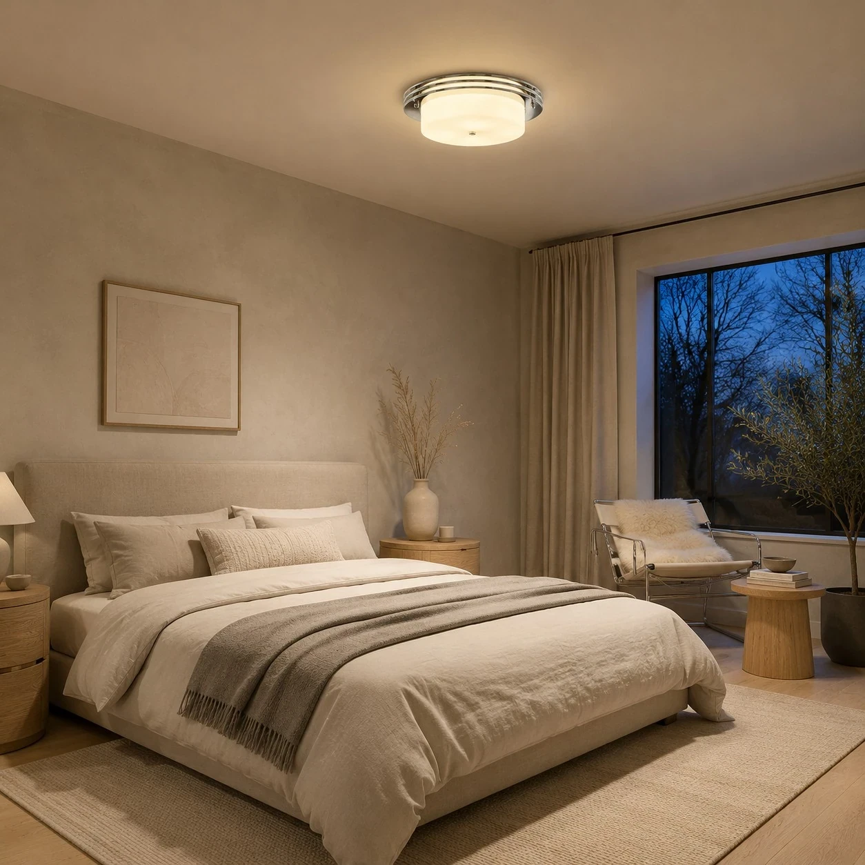 Flush mount ceiling fixture installed in a modern bedroom