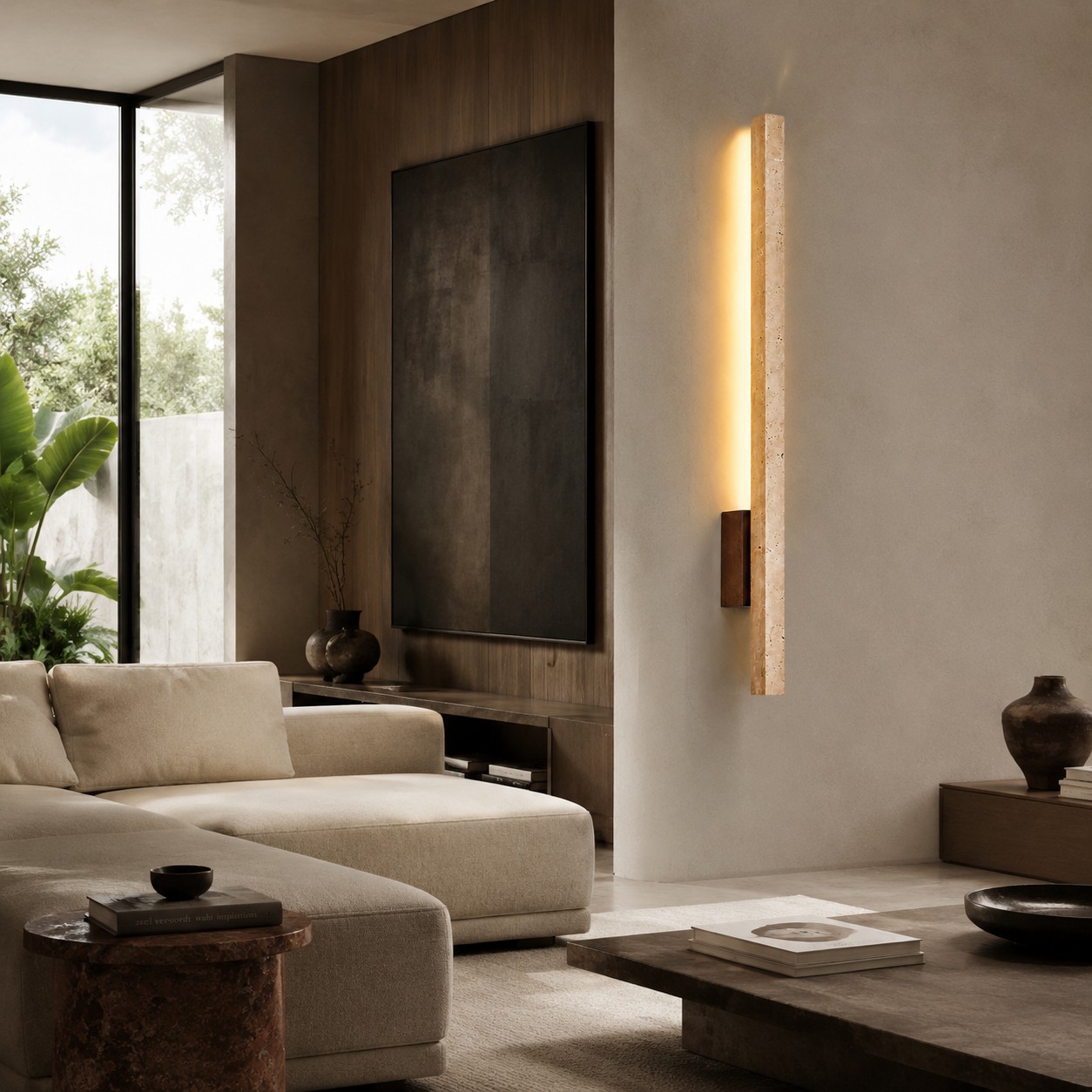 Linear Travertine And Wood LED Wall Light