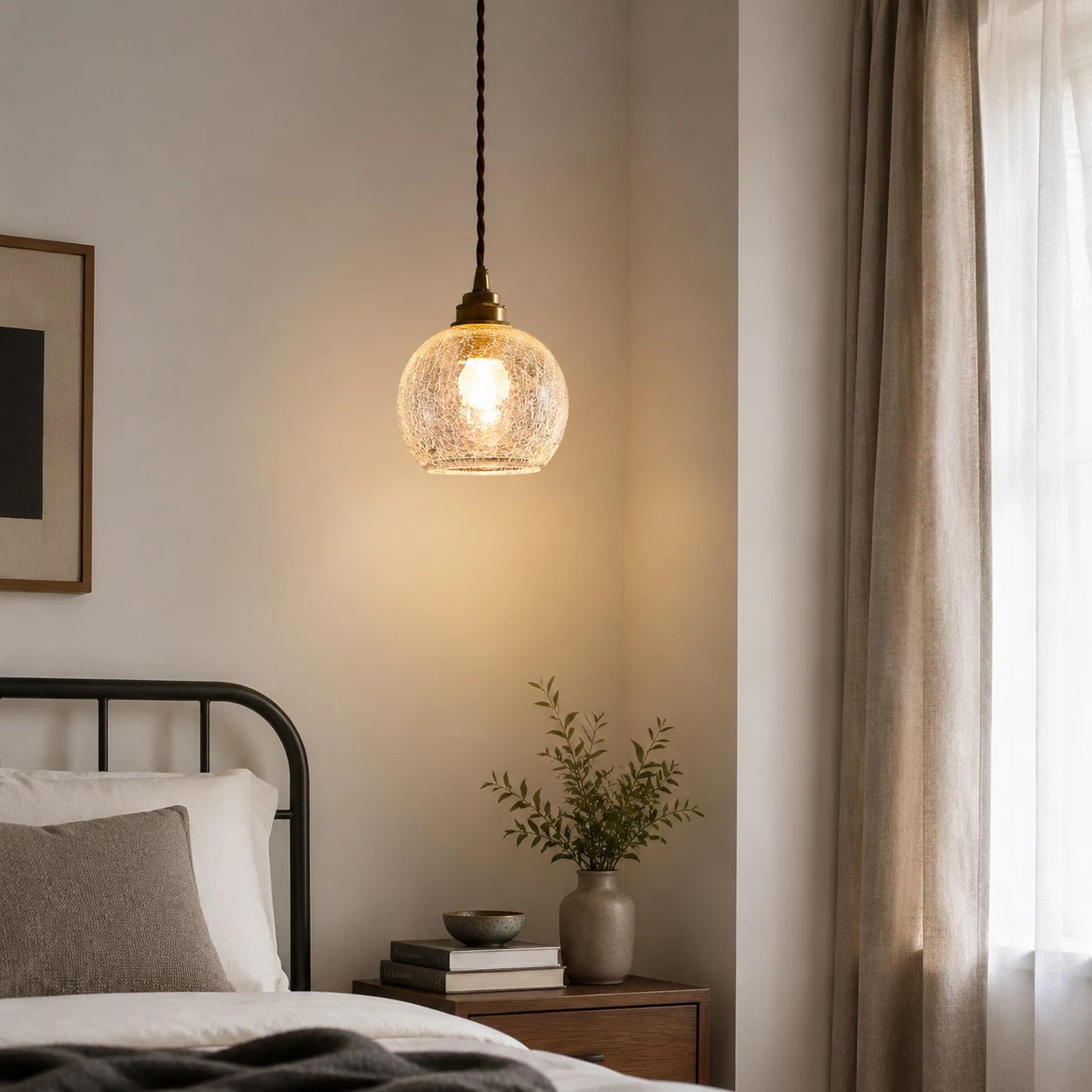 brass glass pendant light used as warm bedside lighting