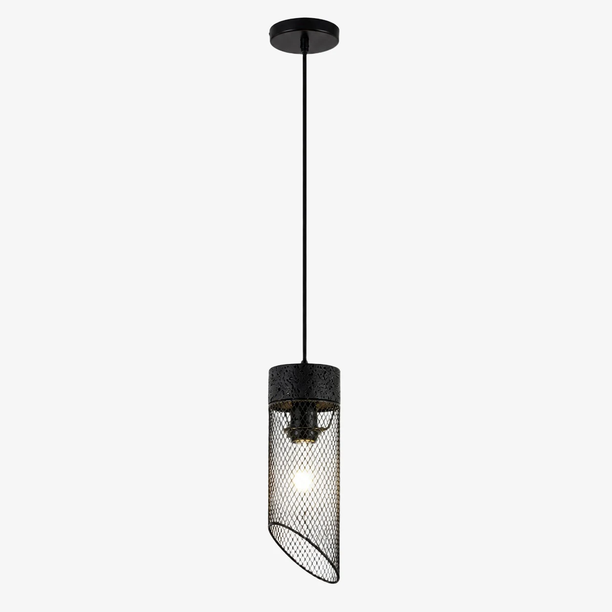 Black ordinary pendant light with mesh shade and stone top