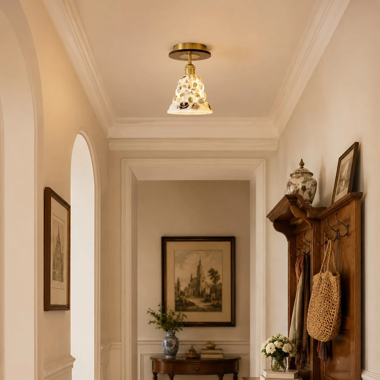 Shell glass ceiling light in a small room scene